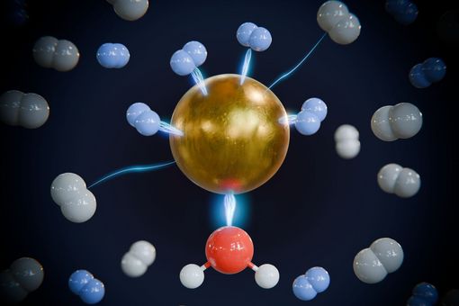 Künstlerische Darstellung der bevorzugten Bindung von schwerem Wasserstoff (blau) gegenüber leichtem Wasserstoff (weiß) am durch Bindung eines Wassermoleküls (Sauerstoff rot, Wasserstoff weiß) aktivierten Metallzentrum.